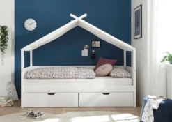 Juletta Hausbett Kinderbett Aus Massiver Kiefer Inkl. Rollrost 90x200 Cm Weiß, Auszug:mit 2x Bettschubkasten -Kinderbett Geschäft 3fd452067b22335fde0a69ed1aa6f5ab