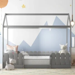 Merax Kinderbett 90x200cm Hausbett Spielbett Kinderhaus Mit Rausfallschutz Und Lattenrost, Schönes Babybett Aus Kiefernholz, Grau -Kinderbett Geschäft 413a4488cca4670369151f1dbd39e31b
