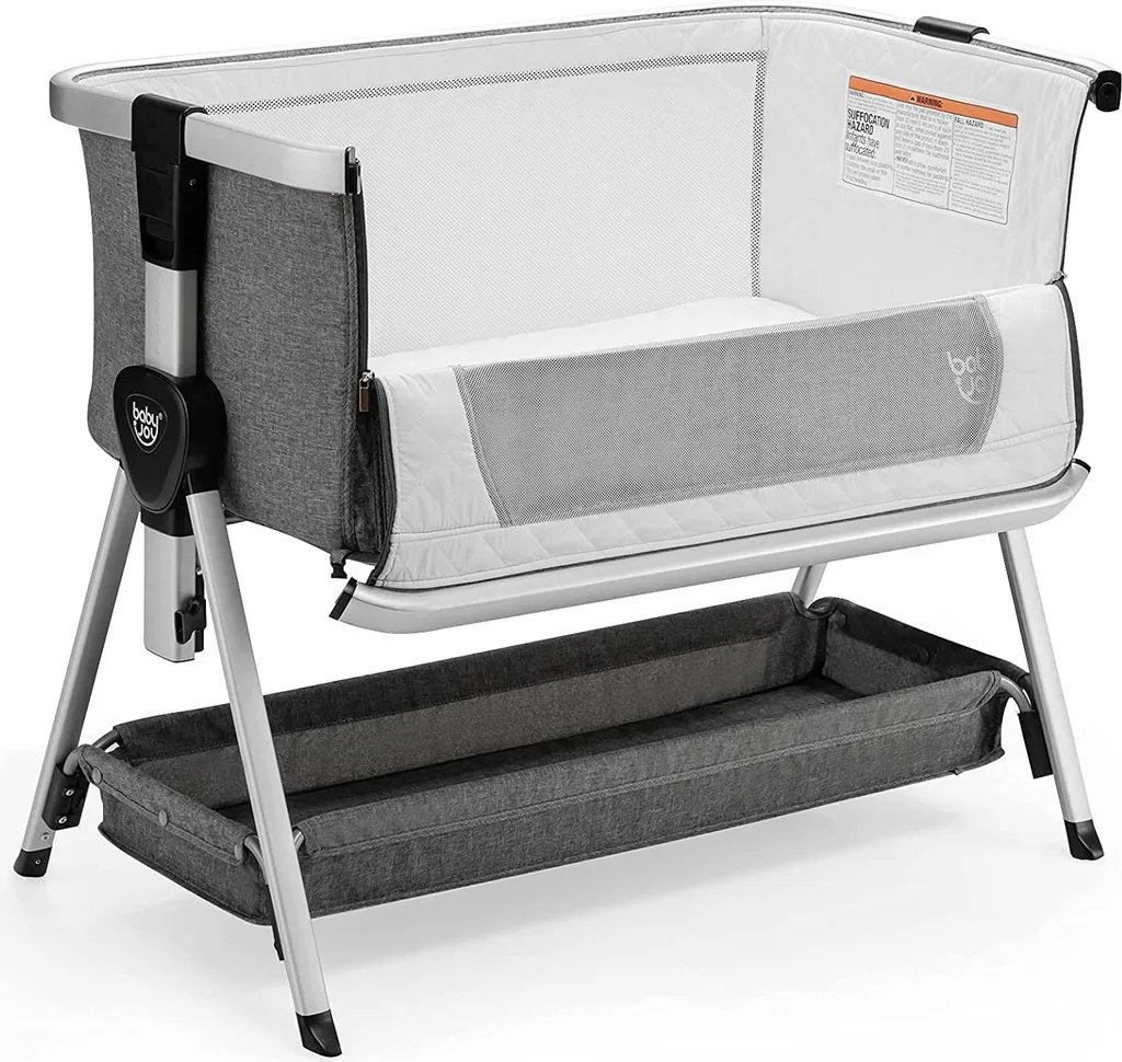 COSTWAY 3 In 1 Beistellbett & Babywiege & Reisebett Klappbar, Babybett Mit 7-Fach Verstellbarer Höhe, Tragbares Babywiege Mit Sicherheitsgurt, Netzfenster, Matratze, Bodenkorb & Rädern (Dunkelgrau)