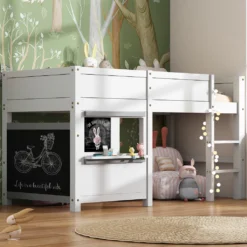 Merax Etagenbett 90x200 Cm Kinderbett Hochbett Mit Zwei Beschreibbaren Tafeln, Klein Ablage Und Leiter, Spielbett Aus Kiefer Für Jungen Und Mädchen, Weiß
