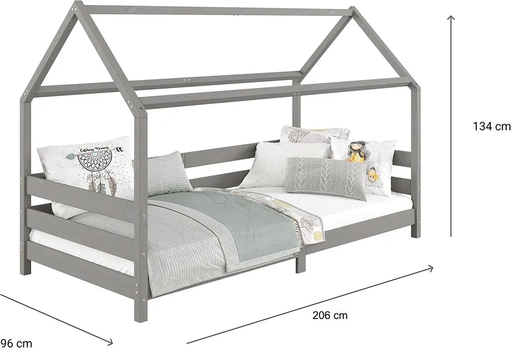 Hausbett FINA Aus Massiver Kiefer, Montessori Bett 90x200cm, Kinderbett Mit Dach In Grau 10 Hausbett FINA Aus Massiver Kiefer, Montessori Bett 90x200cm, Kinderbett Mit Dach In Grau – Bild 8
