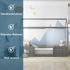 Merax Kinderbett 90x200cm Hausbett Spielbett Kinderhaus Mit Rausfallschutz Und Lattenrost, Schönes Babybett Aus Kiefernholz, Grau -Kinderbett Geschäft 48d33e4e394f0f42b7f08af64cf7007f