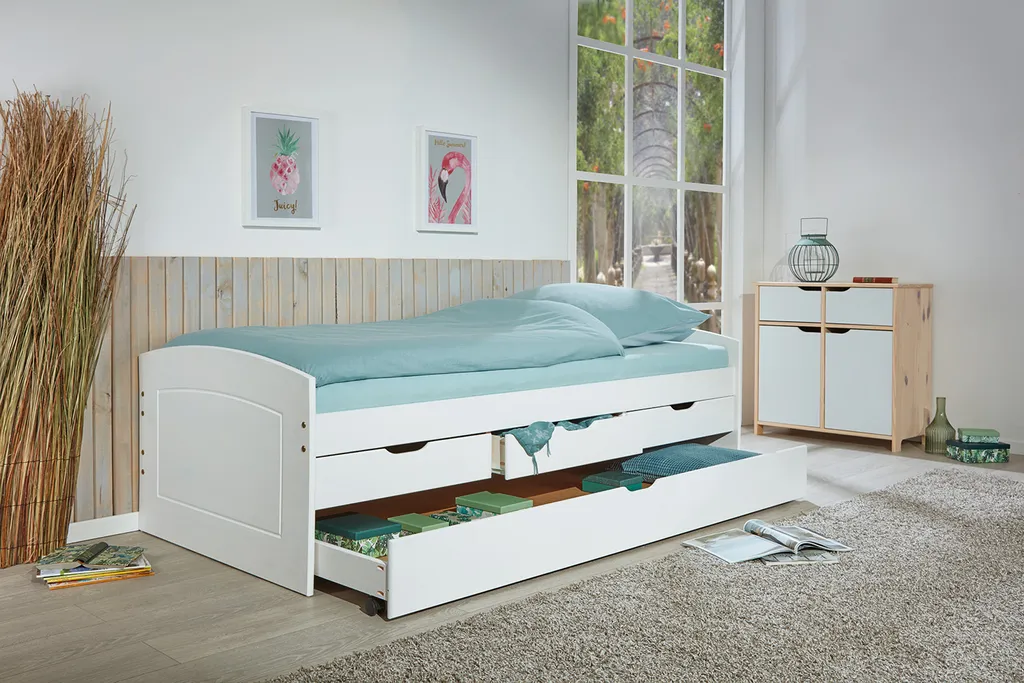 Stauraumbett Mit 2 Liegeflächen Rieka Massivholz Weiss 90 X 200 Cm 3 Schubladen Funktionsbett Schlafzimmer Kinderzimmer Inkl. Gästeliege 11 Stauraumbett Mit 2 Liegeflächen Rieka Massivholz Weiss 90 X 200 Cm 3 Schubladen Funktionsbett Schlafzimmer Kinderzimmer Inkl. Gästeliege – Bild 9