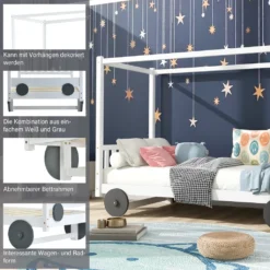Merax Kinderbett 90x200cm Autobett Mit Lattenrost Und Rädern, Abnehmbarer Rahmen, Rahmen Aus Kiefer, Einzelbett Jungenbett Babybett Für Mädchen Und Jungen, Weiß -Kinderbett Geschäft 4c3b150593e7fc7ff9277820f7789da8