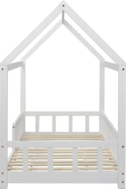 Merax Kinderbett 90 X 200 Cm Hausbett Mit Tafel Und Rausfallschutz, Lattenrost Und Zaun, Einzelbett Für Mädchen Und Jungen Kinderbetten Aus Massivem Kiefernholz, Weiß -Kinderbett Geschäft 4c3b21e77249cbacc160b8cc5ac57d8a