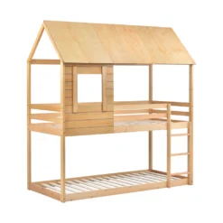 Merax Etagenbett 90x200cm Kinderbett Hochbetten Mit Dach, Leiter, Fenster Und Lattenrost, Doppelstockbett 2 Einzelbetten Für Kinderzimmer, Kiefernholz Rahmen, Eichenfarbe -Kinderbett Geschäft 4da7c011d28f6bc3895002978748a27f