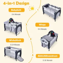 COSTWAY 4 In 1 Klappbares Reisebett & Babywiege & Wickeltisch & Laufstall Mit Schaukelfunktion, Inkl. Spieluhr, Spielbogen, Wickelauflage, Matratze, Windel Organizer Und Tragetasche (Grau) -Kinderbett Geschäft 4e0c96042c39dfa651a5e6b940b02b95