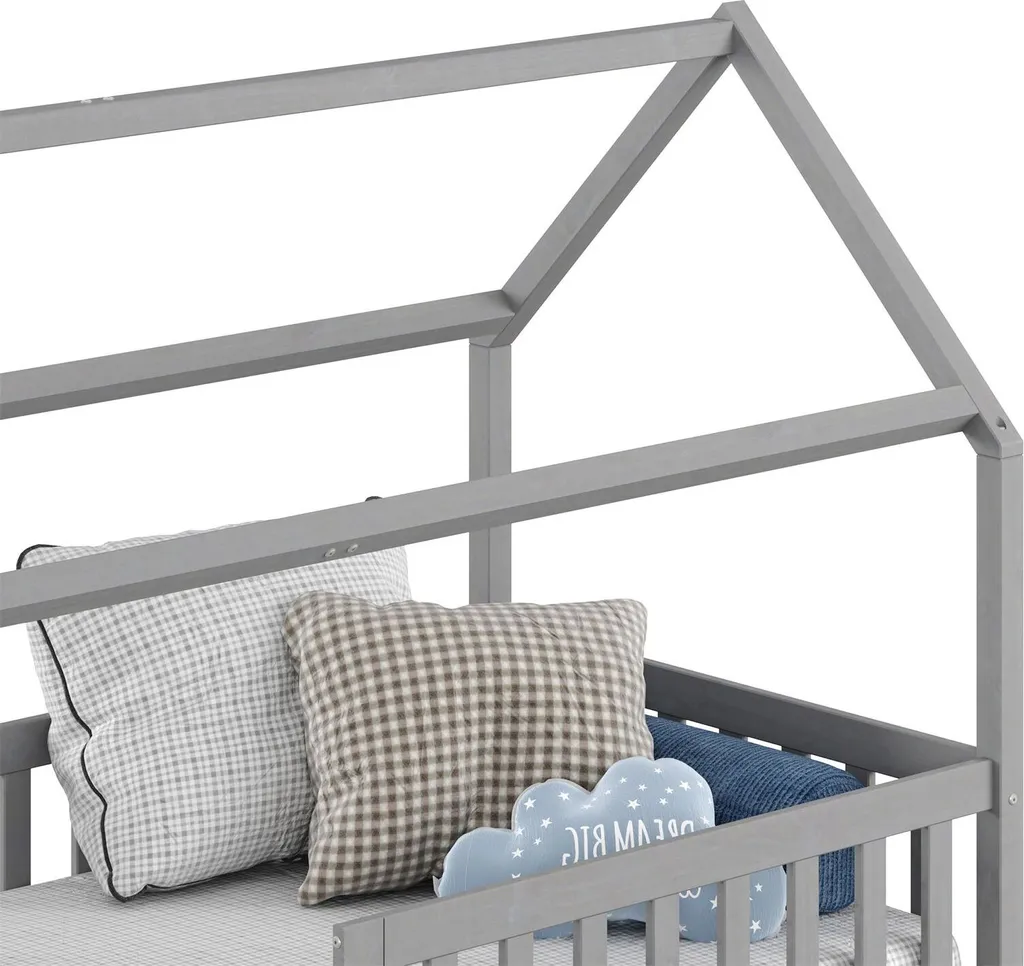 Hausbett NUNA Aus Massiver Kiefer, Montessori Bett In 90 X 200 Cm Mit Rausfallschutz, Spielbett Mit Schubladen, Modernes Kinderbett Mit Dach In Grau 9 Hausbett NUNA Aus Massiver Kiefer, Montessori Bett In 90 X 200 Cm Mit Rausfallschutz, Spielbett Mit Schubladen, Modernes Kinderbett Mit Dach In Grau – Bild 7