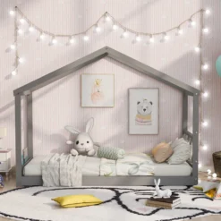 Merax Kinderbett Hausbett 90 X 200cm Etagenbett Mit Aufbewahrungsfunktion, Bettgestell Hausbett Massivholz Kiefer Einzelbett Mit Lattenrost (grau) -Kinderbett Geschäft 50062a1dc2b526a2111728650fafc924