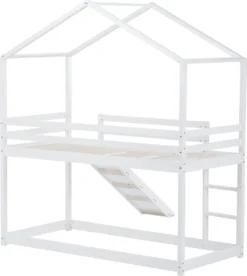 Merax Kinderbett 90x200cm Hochbett Etagenbett Mit Leiter Und Rutsche, Rausfallschutz Und Dachform, 2 Einzelbetten Hoch Doppel Stockbett Für Kinderzimmer, Kiefernholz Rahmen, Weiß -Kinderbett Geschäft 52216602f41faf1395a71db14d26548b