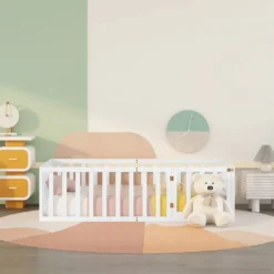 Merax Kinderbett 90x200 Cm Babybett Mit Zaun Und Schutzgitter, Kiefernholz Bodenbett Jugendbett, Weiß -Kinderbett Geschäft 5351a8fb173c42f0195f9b6e9aa0563f