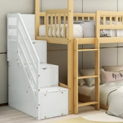 Merax Etagenbett 90x200cm Kinderbett Mit Rutsche, Treppe Mit Stauraum, Fallschutz Und Handlauf, Hausbett Aus Massivholz In Natur Und Weiß, 2 Einzelbetten Stockbett Für Kinderzimmer -Kinderbett Geschäft 53c3bf9d0a05549aeb253aafb27b044c
