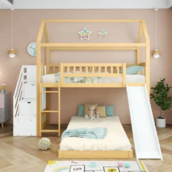 Merax Etagenbett 90x200cm Kinderbett Mit Rutsche, Treppe Mit Stauraum, Fallschutz Und Handlauf, Hausbett Aus Massivholz In Natur Und Weiß, 2 Einzelbetten Stockbett Für Kinderzimmer -Kinderbett Geschäft 53d74b099192ceb1450dda1e8aa63920