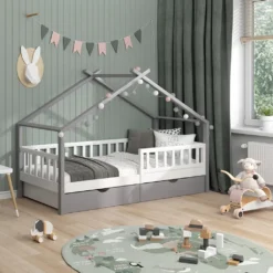 VitaliSpa Kinderbett + Schubladen + Matratze Design Weiß Grau 212 X 146 X 93 Cm Massivholz -Kinderbett Geschäft 53da44186dee9d54d651c8eafa9a09db