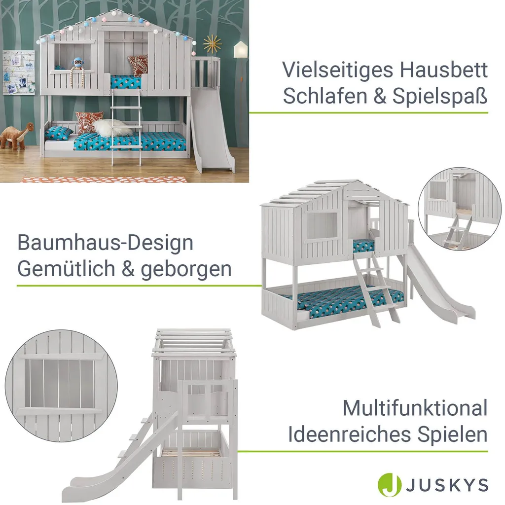 Juskys Kinderbett Baumhaus 90 X 200 Cm Mit Dach, Rutsche & Leiter – Etagenbett Weiß Für Kinder – 2x Lattenrost Bis 150 Kg – Hausbett Aus Massivholz 6 Juskys Kinderbett Baumhaus 90 X 200 Cm Mit Dach, Rutsche & Leiter – Etagenbett Weiß Für Kinder – 2x Lattenrost Bis 150 Kg – Hausbett Aus Massivholz – Bild 4