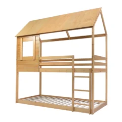 Merax Etagenbett 90x200cm Kinderbett Hochbetten Mit Dach, Leiter, Fenster Und Lattenrost, Doppelstockbett 2 Einzelbetten Für Kinderzimmer, Kiefernholz Rahmen, Eichenfarbe -Kinderbett Geschäft 564b02f52f927b77ff7c18358362abc1