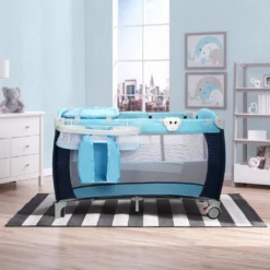 COSTWAY Babybett Reisebett Klappbett Babyreisebett Kinderbett Kinderreisebett Laufstall + Wickelauflage Mit Schaukelfunktion (blau) -Kinderbett Geschäft 56b2a78cb75d130cad280aa6cddd4a56