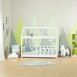 Homestyle4u 2048, Kinderbett Weiß Hausbett Mit Rausfallschutz 80x160 Cm Bodenbett Montessori Bett Bettenhaus Lattenrost -Kinderbett Geschäft 56e11b1547f17ccb9ac108736eeffe33