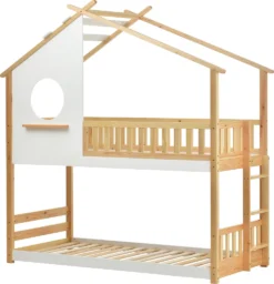 Merax Kinderbett Etagenbett 90x200cm Mit Leiter, Rausfallschutz Und Dachform, Hochbett 2 Einzelbetten Stockbett Aus Kiefernholz, Weiß Und Natur -Kinderbett Geschäft 571e0174a5416d9daa1903c2588ac24b