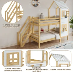 Merax Etagenbett 90x200cm Kinderbett Mit Leiter, Fallschutz Und Lattenrost, Hochbett Stockbett Kiefer Holzbett Hausbett Mit Dach Und Fenster, Weiß/Natur -Kinderbett Geschäft 57b6859f486f684f8af4dcc8e6f4d69f