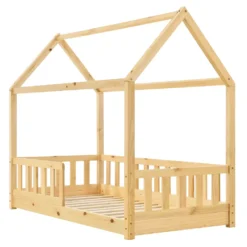 Juskys Kinderbett Marli 80 X 160 Cm Mit Rausfallschutz, Lattenrost Und Dach - Hausbett Für Kinder Aus Massivholz - Bett In Natur