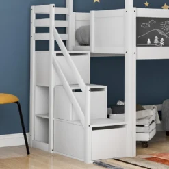 Merax Kinderbett 90x200cm Mit Rausfallschutz Und Lattenrost, Treppe Und 3 Schubladen, Fenster Und Tafel, Massivholz Etagenbett Hochbett, Weiß -Kinderbett Geschäft 5a4e9cd8816837ec33cb4ed13a5d0cda