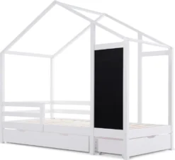 Merax Kinderbett Adele 90x200cm Hausbett Mit Tafel Und 2 Schubladen, Zaun Und Lattenrost, Spielbett Bett Kinderhaus Aus Massivholz, Weiß -Kinderbett Geschäft 5a6aa4768ef33f25a1c650940828cfb3