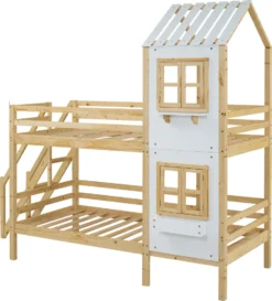 Merax Etagenbett 90x200cm Kinderbett Mit Leiter, Fallschutz Und Lattenrost, Hochbett Stockbett Kiefer Holzbett Hausbett Mit Dach Und Fenster, Weiß/Natur -Kinderbett Geschäft 5d528de1c41198640a2ef37c39b1d23d
