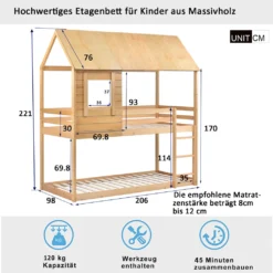 Merax Etagenbett 90x200cm Kinderbett Hochbetten Mit Dach, Leiter, Fenster Und Lattenrost, Doppelstockbett 2 Einzelbetten Für Kinderzimmer, Kiefernholz Rahmen, Eichenfarbe -Kinderbett Geschäft 5d6f0053665f1aca017bee05a1f5755a