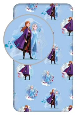 Kinder Bettlaken Betttuch Spannbettlaken Disney Frozen Die Eiskönigin Anna Und Elsa, Blau, 90 X 200 + 25cm, 100 % Baumwolle