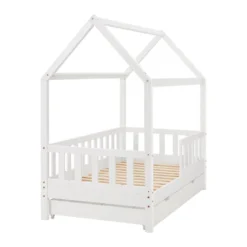 Juskys Kinderbett Marli 80 X 160 Cm Mit Bettkasten 2-teilig, Rausfallschutz, Lattenrost & Dach - Massivholz Hausbett Für Kinder - Bett In Weiß -Kinderbett Geschäft 63702e3d03d4e3d3b9c54730b090004c