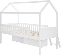 Merax Kinderbett Hausbett 90x200cm Jugendbett Mit Schubladen, Ablagefächern Und Leiter, Rausfallschutz Und Dachgestaltung, Weiß -Kinderbett Geschäft 656ee7236bd52b3c9187597e9d039c58