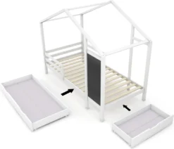 Merax Kinderbett Adele 90x200cm Hausbett Mit Tafel Und 2 Schubladen, Zaun Und Lattenrost, Spielbett Bett Kinderhaus Aus Massivholz, Weiß -Kinderbett Geschäft 69863cc379708254ae1c38bc1fbb40ef