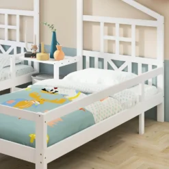 Merax Kinderbett 90x200cm/90x200cm Hausbett Mit Lattenrost, Rausfallschutz Und Tisch, 2 Einzelbetten Jugendbetten Doppelbett Für 2 Kinder, Weiß -Kinderbett Geschäft 6b4188b8efbe89aec3713675c24317c2