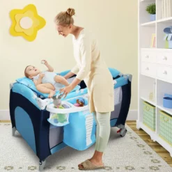 COSTWAY Babybett Reisebett Klappbett Babyreisebett Kinderbett Kinderreisebett Laufstall + Wickelauflage Mit Schaukelfunktion (blau) -Kinderbett Geschäft 6b7b350ef0afa7e2e7602edaa563c866