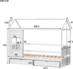Merax Kinderbett 90x200cm Hausbett Mit 2 Schubladen Und Rausfallschutz, Dach Und Fenster, Kiefer Einzelbett Babybett Kinderhaus Mit Lattenrost, Weiß -Kinderbett Geschäft 6e524f7be05de73a21b909abd2170753