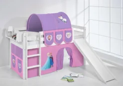 Hochbett JELLE 190x90cm In Weiss Mit RUTSCHE Und Lila FROZEN / Eiskönigin / Anna & Elsa Vorhang. Kinderbett & Spielbett Von LILOKIDS