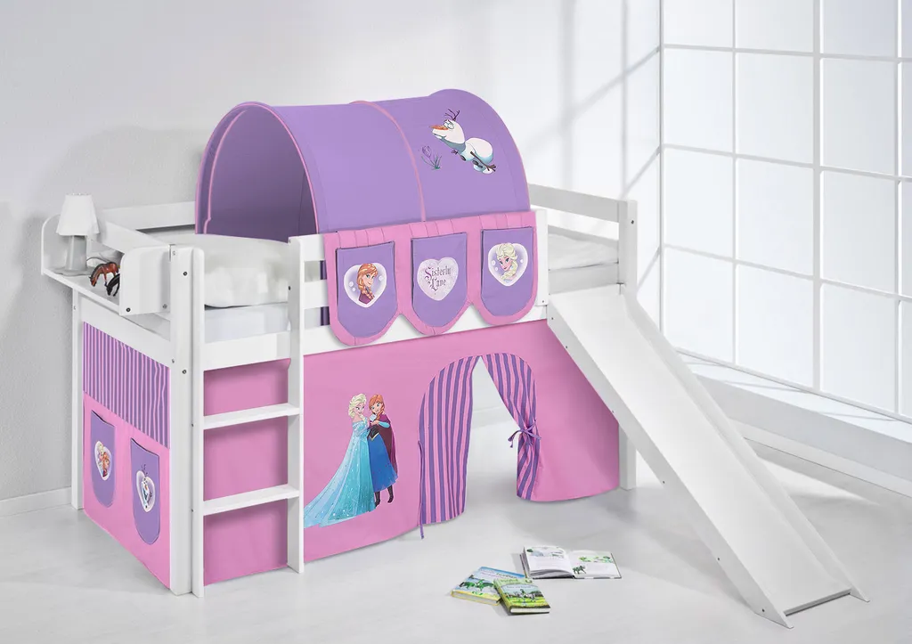 Hochbett JELLE 190x90cm In Weiss Mit RUTSCHE Und Lila FROZEN / Eiskönigin / Anna & Elsa Vorhang. Kinderbett & Spielbett Von LILOKIDS 3 Hochbett JELLE 190x90cm In Weiss Mit RUTSCHE Und Lila FROZEN / Eiskönigin / Anna & Elsa Vorhang. Kinderbett & Spielbett Von LILOKIDS