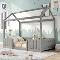 Merax Kinderbett 90x200cm Hausbett Spielbett Kinderhaus Mit Rausfallschutz Und Lattenrost, Schönes Babybett Aus Kiefernholz, Grau