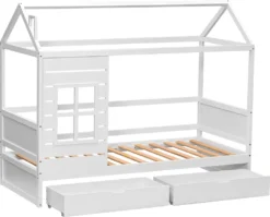 Merax Kinderbett 90x200cm Hausbett Mit 2 Schubladen Und Rausfallschutz, Dach Und Fenster, Kiefer Einzelbett Babybett Kinderhaus Mit Lattenrost, Weiß -Kinderbett Geschäft 7966f317af02f3799f8487db7b94a891