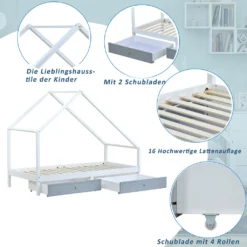 Merax Kinderbett 90x200 Cm Hausbett Mit 2 Herausnehmbaren Schubladen, Stabiles Podestbett Jugendbett Spielbett Aus Kiefer, Weiß -Kinderbett Geschäft 79a9392ed1a892e9841cdea29a95e723