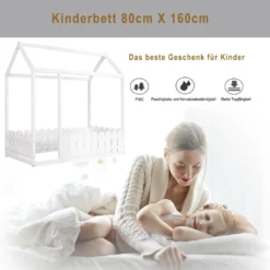 Merax Kinderbett 80x160cm Hausbett Mit Dach Und Zaun, Spielbett Einzelbett Aus Massivem Kiefernholz, Weiß -Kinderbett Geschäft 79eaeb83558d877f710d766693f0b374