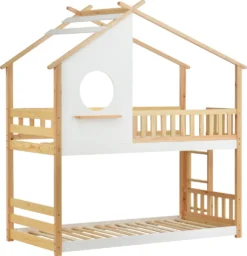 Merax Kinderbett Etagenbett 90x200cm Mit Leiter, Rausfallschutz Und Dachform, Hochbett 2 Einzelbetten Stockbett Aus Kiefernholz, Weiß Und Natur -Kinderbett Geschäft 7aa3cc25004e3aae14d1913628b29c53