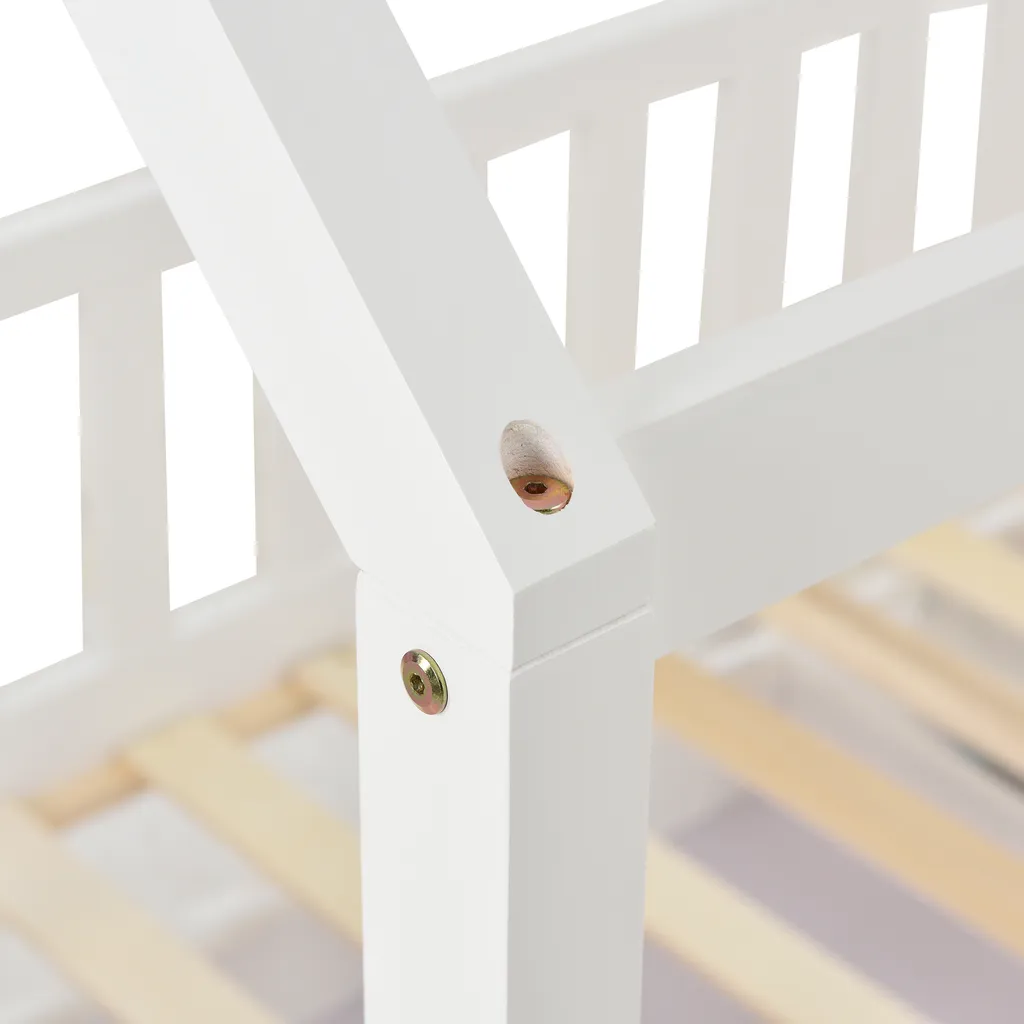 Merax Kinderbett 90x200 Cm Hausbett Mit Zaun Und Schornstein, Robuste Lattenroste Aus Kiefernholz, Kinderhaus Spielbett Für Die Kinder, Weiß 6 Merax Kinderbett 90x200 Cm Hausbett Mit Zaun Und Schornstein, Robuste Lattenroste Aus Kiefernholz, Kinderhaus Spielbett Für Die Kinder, Weiß – Bild 4