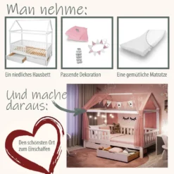 Alcube® Hausbett 90 X 200 Cm Komplett-Set Mit Schubladen Matratze Und Deko Rosa, Rausfallschutz Und Lattenrost, Kinderbett 90x200 Cm Für Mädchen Und Jungen Kinderbetten Aus Massivem Kiefernholz -Kinderbett Geschäft 7ba24d55785daa2b9e5a35d244bf69ec