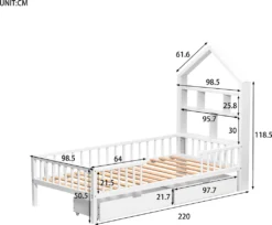 Merax Kinderbett 90x200cm Massivholz Einzelbett Mit Schubladen Und Lattenrost, Hausbett Mit Bücherregal Ablage Rausfallschutz, Weiß -Kinderbett Geschäft 7bf3d9d1eeb58cb7734c67ad9005ce35
