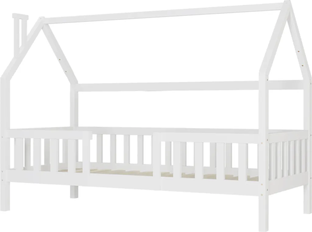 Merax Kinderbett 90x200 Cm Hausbett Mit Zaun Und Schornstein, Robuste Lattenroste Aus Kiefernholz, Kinderhaus Spielbett Für Die Kinder, Weiß 7 Merax Kinderbett 90x200 Cm Hausbett Mit Zaun Und Schornstein, Robuste Lattenroste Aus Kiefernholz, Kinderhaus Spielbett Für Die Kinder, Weiß – Bild 5