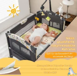 COSTWAY 4 In 1 Klappbares Reisebett & Beistellbett & Wickeltisch & Laufstall Rollbar, 2 Ebenen Babybett Inkl. Spielbogen, Matratze, Wickelauflage, Windelaufbewahrung Und Spieluhr (Hellgrau) -Kinderbett Geschäft 7f7b02db320356daf38b869c3c6b145f