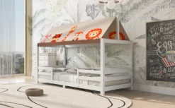 Merax Kinderbett 90x200 Cm Hausbett Mit Rausfallschutz Und Stoffzeltaufsatz, Lattenrost Und Dach, Jugendbett Kinderhaus, Weiß -Kinderbett Geschäft 82129d2ffc56affa2f7dd53e6d0e4169