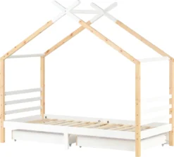 Merax Kinderbett 90x200cm Hausbett Mit Lattenrost Und 2 Schubladen, Spielbett Massivholzbett Für Kinder-und Jugendzimmer, Weiß/Natur -Kinderbett Geschäft 84b5a6fe14073804b8d9e095eab3d541